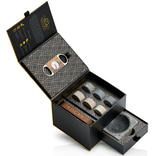 Set cadou pentru whiskey cu pietre din granit, tăietor de trabuc și scrumieră