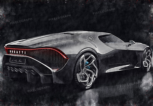 Bugatti Print, La Voiture Noire - poster artistic în acuarelă și cerneală pe pânză