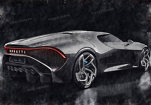 Poster artistic Bugatti La Voiture Noire, în acuarelă și cerneală pe pânză