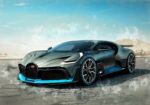 Print artistic Bugatti Divo în acuarelă și tuș
