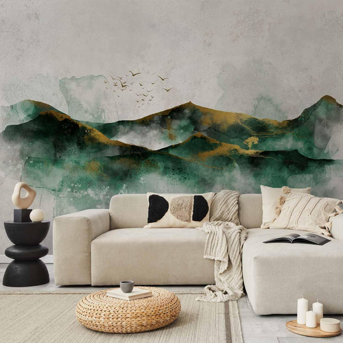 Tapet decorativ cu peisaj abstract, munți și păsări