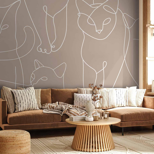 Tapet decorativ cu pisici line-art pe fundal bej