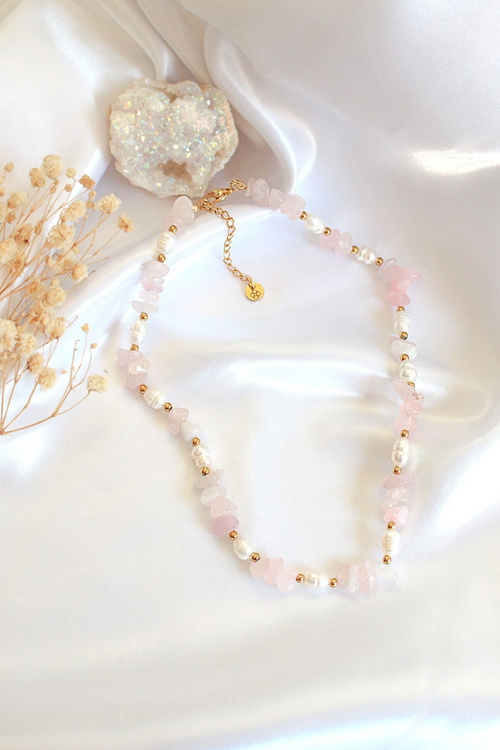 Choker din cuarț roz natural și perle de apă dulce, placat cu aur de 24K