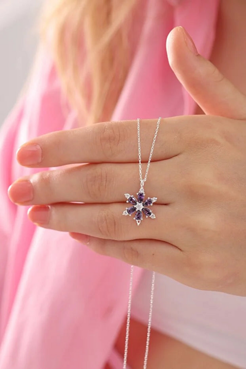 Colier din argint sterling 925 cu lotus, camelie și ametist