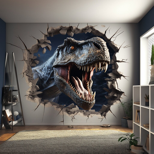 Autocolant mural 3D cu dinozauri și efect de perete crăpat