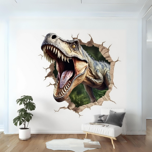 Autocolant mural 3D cu dinozauri, efect de perete spart