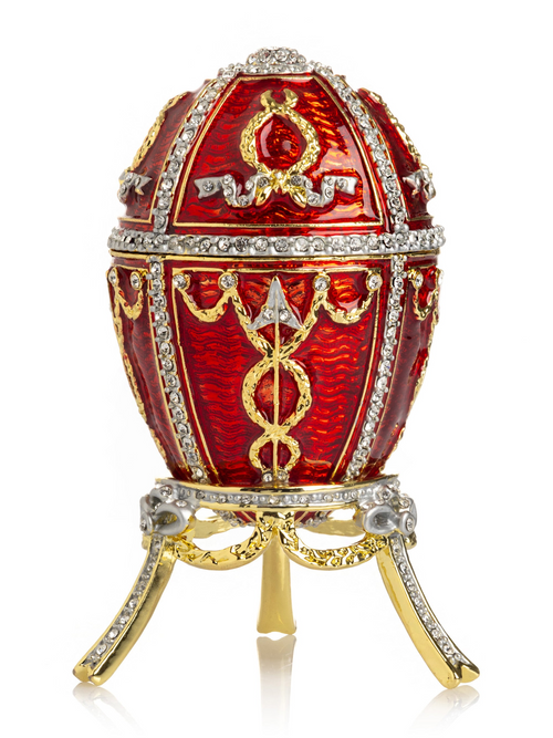 Ou stil Fabergé roșu, cutie decorativă emailată cu cristale austriece