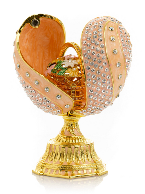 Cutie trinket în formă de ou stil Fabergé, roz somon, cu buchet floral