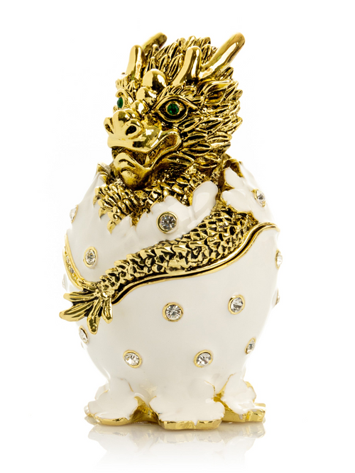 Cutie decorativă cu dragon auriu și ou alb
