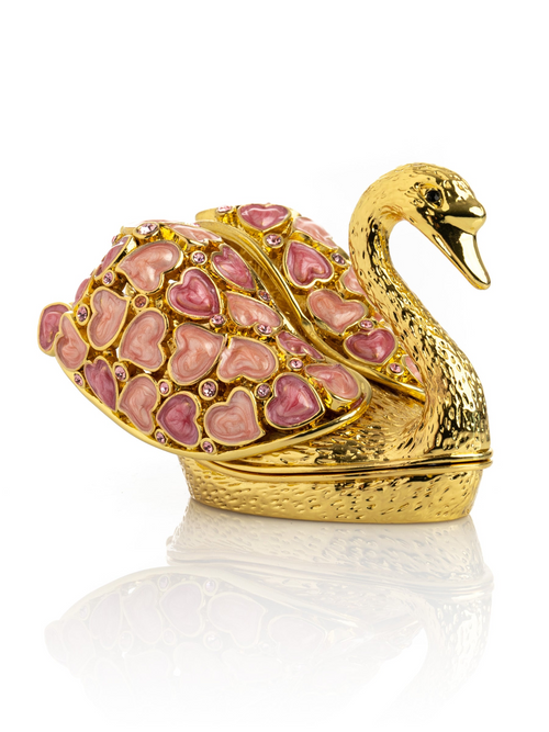 Cutie decorativă Golden Swan cu inimi, placată cu aur de 24K