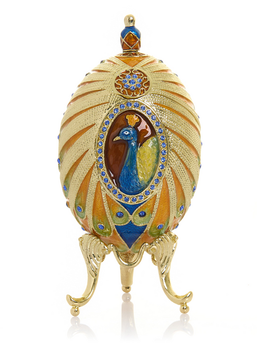 Cutie decorativă tip ou Fabergé, cu păun colorat