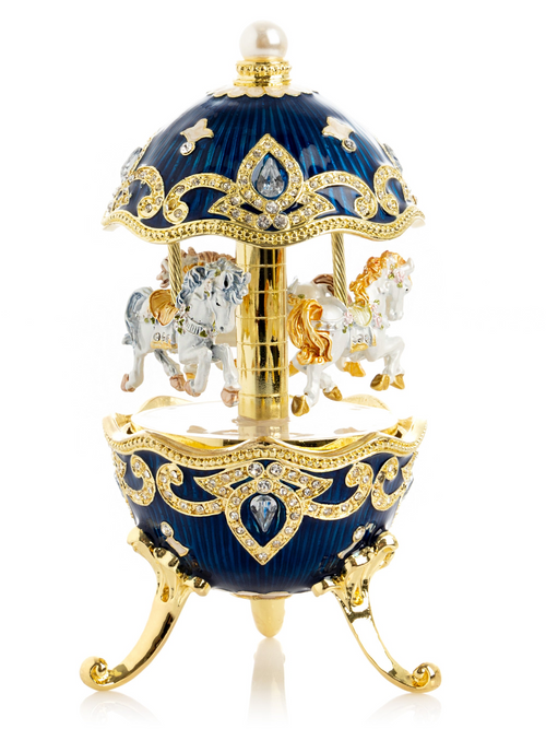 Ou Keren Kopal stil Fabergé albastru cu carusel și cal care se învârte