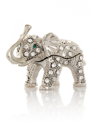 Cutie decorativă pentru bijuterii în formă de elefant, argintie, cu ochi verzi