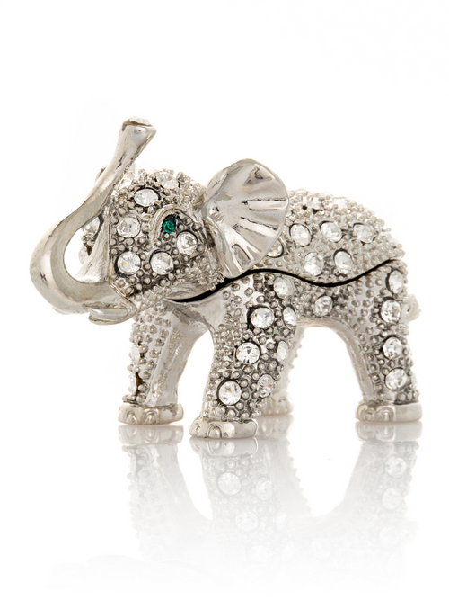 Cutie decorativă pentru bijuterii în formă de elefant, argintie, cu ochi verzi