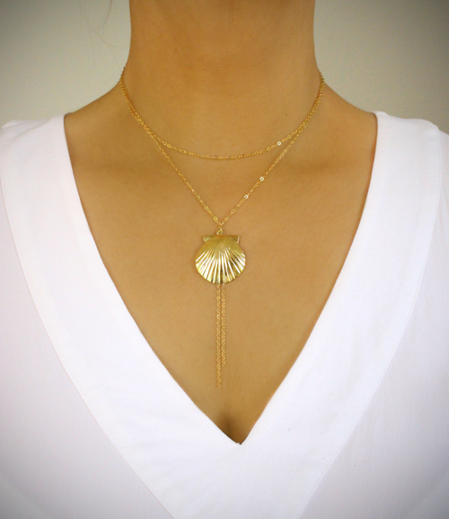 Colier Y dublu, placat cu aur 18K, cu scoici, lungime medie