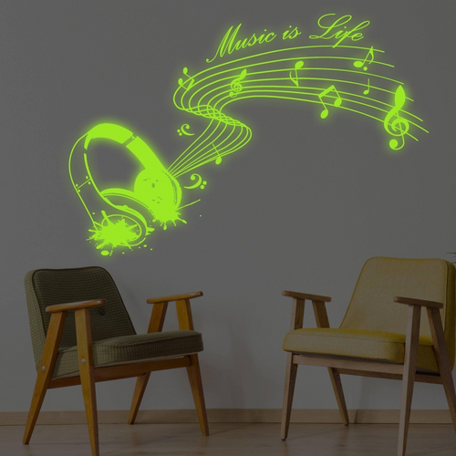 Sticker de perete fosforescent cu note muzicale, care luminează în întuneric