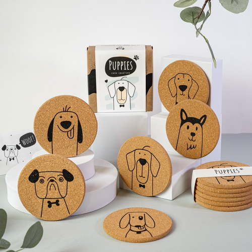 Set de 6 suporturi rotunde din plută cu căței simpatici