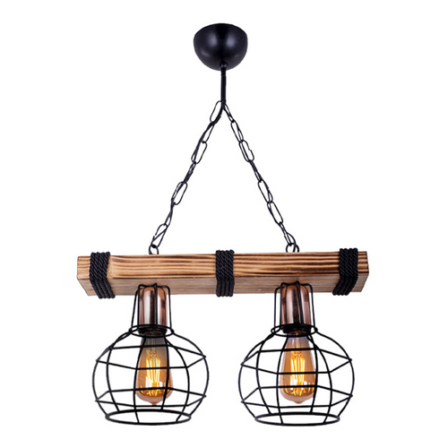 Lustră rustic-industrială din lemn nuc, negru și frânghie decorativă, cu 2 surse E27