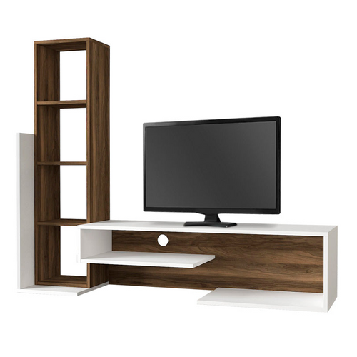 Comodă TV cu bibliotecă laterală, alb și nuc, 153,6 cm