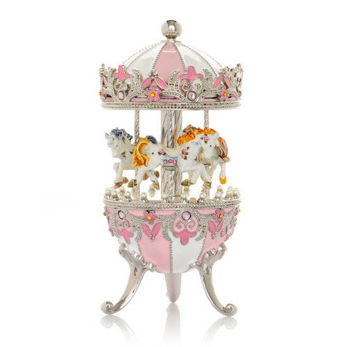 Ou stil Fabergé roz cu caluț carusel cu mecanism de întoarcere