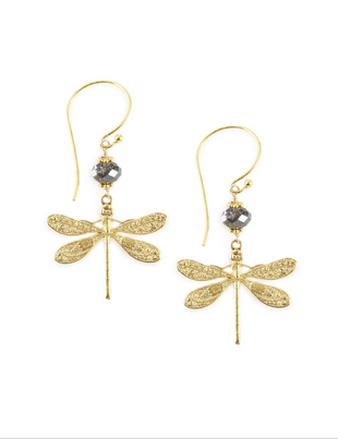 Cercei tip libelulă placați cu aur 18K, cu cristale Black Diamond