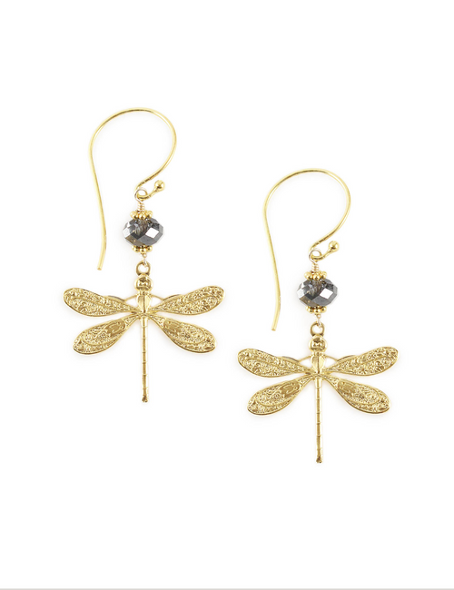 Cercei tip libelulă placați cu aur 18K, cu cristale Black Diamond