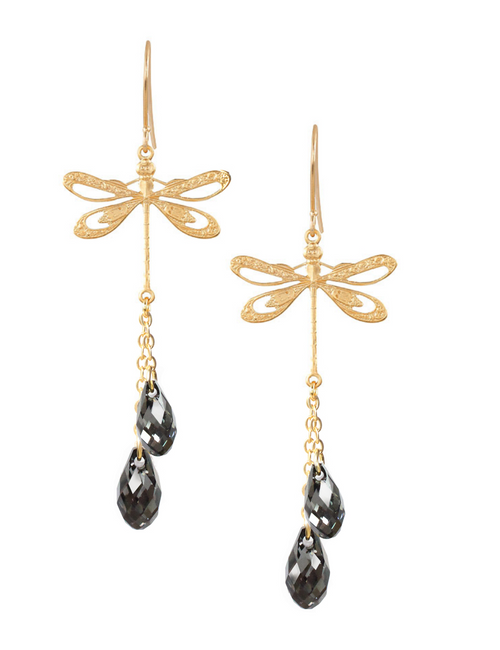 Cercei cu libelule placați cu aur de 18K și cristale Swarovski Black Silver Night