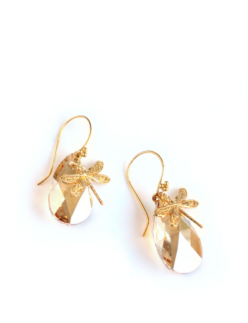 Cercei dragonfly cu placare aurie 18K și cristale Golden Shadow