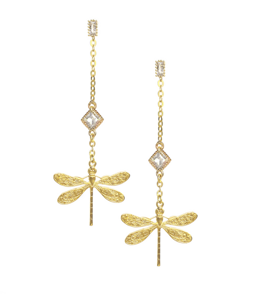 Cercei studs cu placaj aur 18K și libelulă cu cristale tăiate diamant