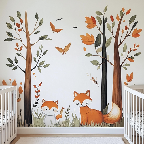 Autocolant mural cu vulpi și peisaj de pădure pentru copii
