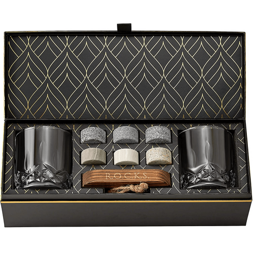 Set cadou pentru whiskey cu pietre de granit și 2 pahare de cristal