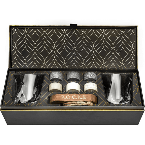 Set cadou pentru whiskey cu pietre din granit și 2 pahare de cristal twist